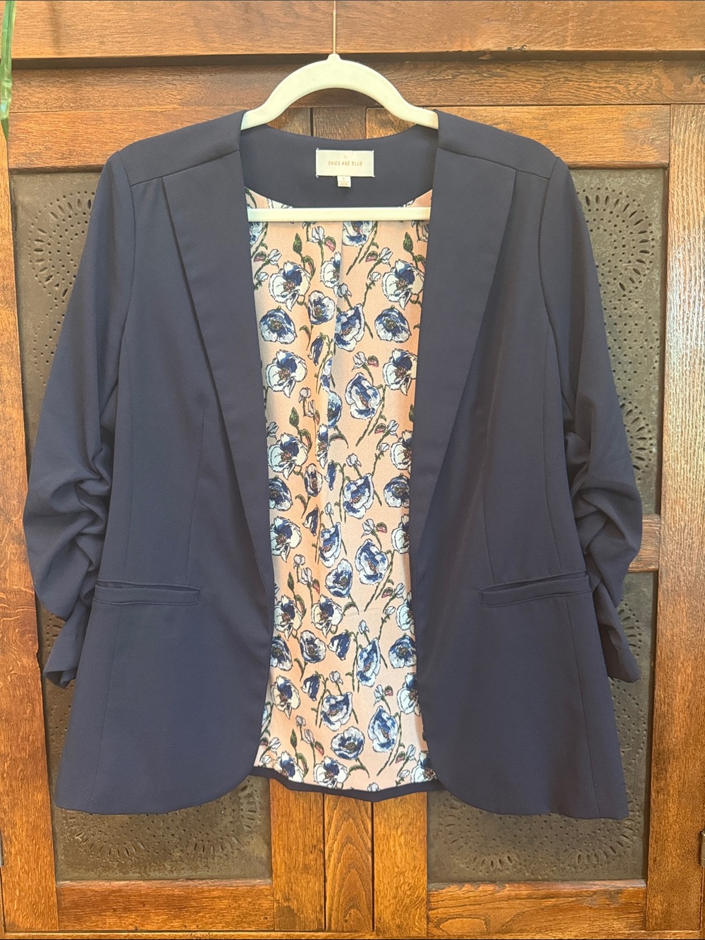Skies Are Blue Navy Open-Front Blazer with Floral Lining